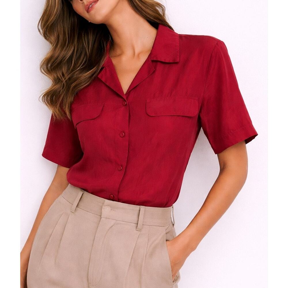 VTG 90s Womens Silk Button Front Blouse Large Red Quiet Luxury Minimal Casual